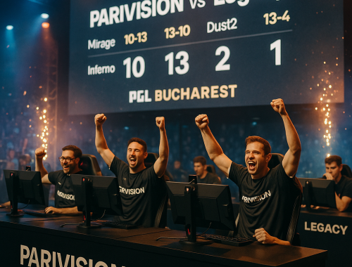 Esports stage photo from PGL Bucharest: PARIVISION celebrates a 2-1 comeback over Legacy, with