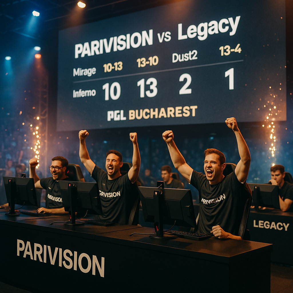 Esports stage photo from PGL Bucharest: PARIVISION celebrates a 2-1 comeback over Legacy, with